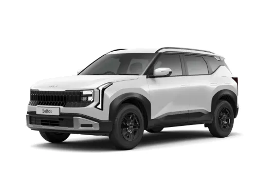 Front three-quarter view of a white Kia Seltos HTE variant against a white background, showcasing the entry-level trim features.